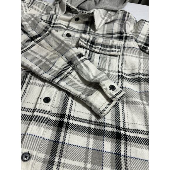 Zara Men's Plaid Shacket Button Up Hooded Shirt Jacket Cream Gray Black size L - Picture 7 of 12
